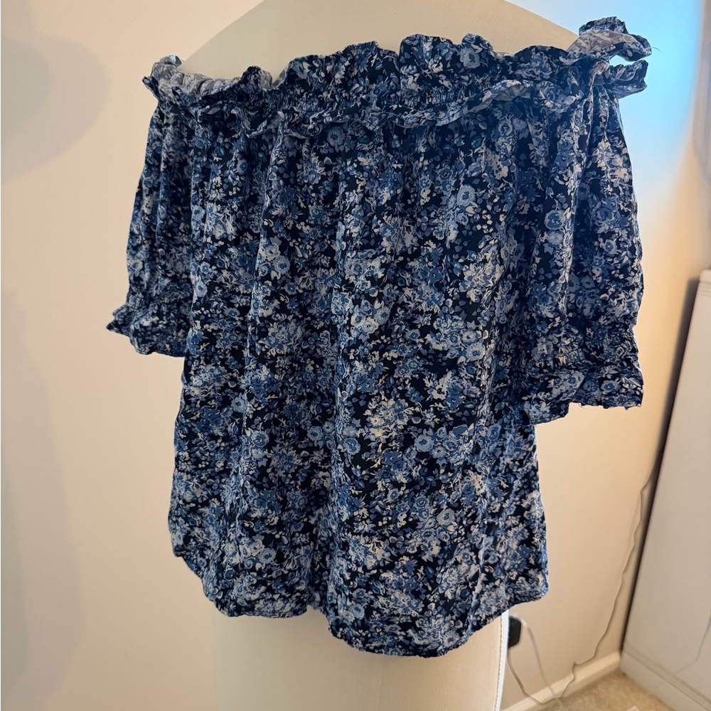 Tommy Hilfiger Navy and Light Blue Floral Off-Shoulder Top